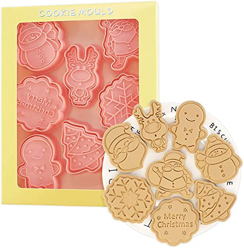 Juliyeh 8 Pcs Christmas Cookie Cutter Set, Plastic Christmas Cookie Stamps for Cookie Dough, Pastry, Donut, Fondant, Sugarcraft, DIY, Cake Decoration Chocolate Mould Cookie