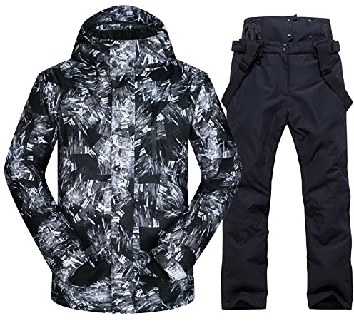 Mens Ski Jacket and Pants Set Ski Suit Winter Waterproof Windproof Hooded Snow Coat 2 Pieces Snowboarding Snowsuits Black+Black-L