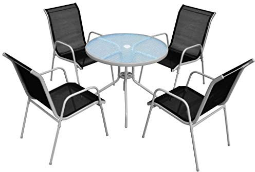 Gecheer 5-TLG. Garten Essgruppe Rund, Sitzgruppe 4+1, Gartentisch & 4 Stapelbare Stühle, Gartenmöbel Set Stahl Schwarz
