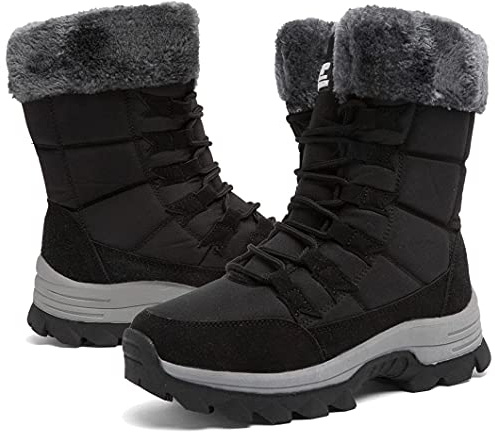 Maxome Stivali da neve da donna impermeabili con fodera in pelliccia Stivali da passeggio alla caviglia all'aperto Scarpe calde Stivali a metà polpaccio antiscivolo Ragazze, grigio e nero, 36 EU