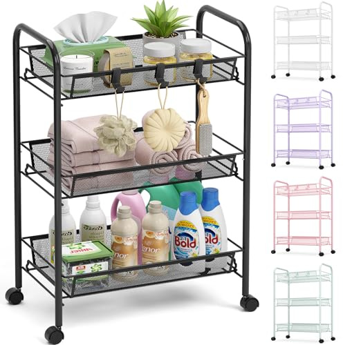 TOOLF 3 Tier Rolling Cart, Metal Utility Storage Cart with Wheels, Black