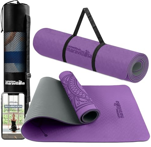 LA MENTE ES MARAVILLOSA - Tappetino Yoga e Pilates Antiscivolo in TPE, 183x61 cm, Spessore 6 mm, con Custodia, Tracolla ed E-Book, per Allenamento, Stretching e Meditazione (Mandala, Viola/Nero)