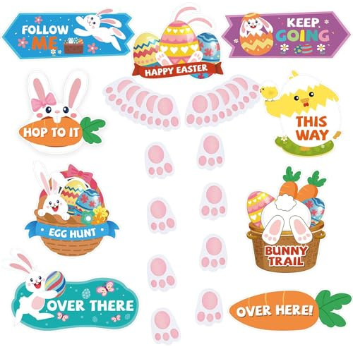 AhfuLife Easter Egg Hunt Signs Clues for Kids, Easter Egg Hunt Kits Game Props with Sticks and 12pcs Bunny Feet for Garden Home Decoration Party Yard Lawn Courtyard