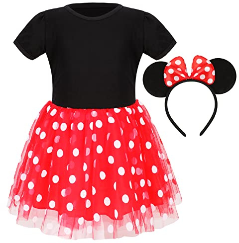 PHOGARY Kinderkostüm für 5-7-Jährige: Rotes Polka-Dot-Tüllkleid mit schwarzer Kurzarm-Bluse + Mausohren-Haarreif mit auffälligem Bogen, perfekt für Alltag, Karneval, Geburtstage & Party