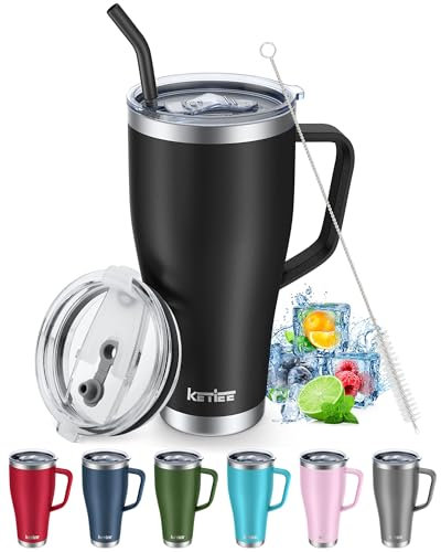 KETIEE Mug Isotherme 850ml- Gobelet avec paille et 2 couvercles, Thermoas Café étanche en acier inoxydable, Tasse à café isotherme Voyage sans BPA