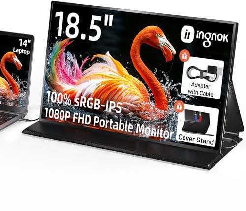 Ingnok Portable Monitor, 18.5 Inch FHD 1080P 100% sRGB Laptop Monitor, USB C HDMI Monitor, Portable Gaming Monitor with Smart Shell and Speakers, External Monitor