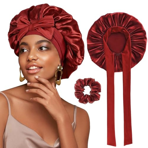 Satin Bonnet Nacht Schlafmütze, Seide Locken Atmungsaktive Seide Schlafmütze, doppellagige Nachtmütze, Verstellbare Schlafkappe, für Frauen und Mädchen…