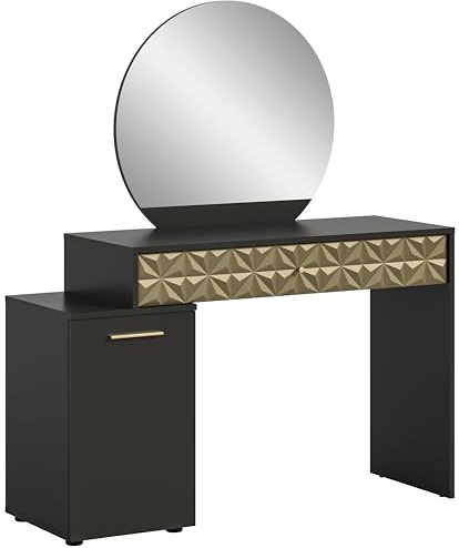 xonox.home Schminktisch Prisma Schminktisch mit Spiegel Frisiertisch Kosmetiktisch Schreibtisch in schwarz melamin, Absetzung Gold Nb. ca.117x138x42cm mit Spiegel und Schubkasten