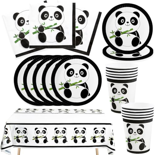 Bikasun Panda Party Set 10 Gäste Panda Geschirr Set Geburtstag | Kindergeburtstag Teller Becher Servietten Tischdecken Party Supplies für Jungen Mädchen