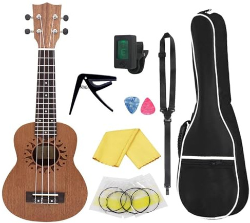 Ukulele Musikinstrumente 21-Zoll-Ukulele-Gitarre, Korpus Aus Sapeli-Holz, 4 Saiten, Ukulele Mit Ukulele-Tasche, Stimmgerät, Riemen, Kapodaster-Saiten