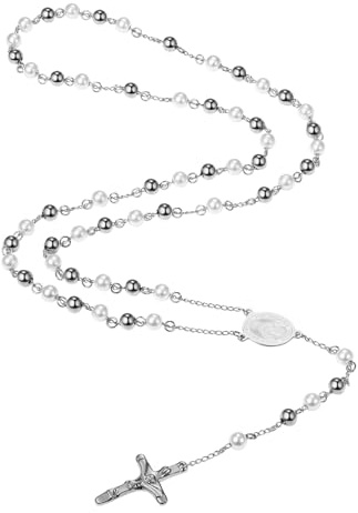 Flongo Perlen Rosenkranz Kette Maria: Kreuz Jungfrau heilige Mary Halskette Gold silber weiße Perlen mutter gottes Anhänger Oval medaille plättchen Jesus Gott Kruzifix Taufe Geschenk für Damen Herren