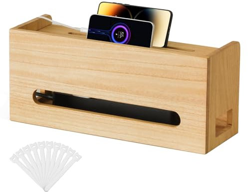 KIRIGEN Holzkabelbox - Natürlicher Paulownia-Holz Kabelorganisator, Pflanzenöl-Finish, Sichere und Elegante Kabelmanagement-Lösung hellfarben