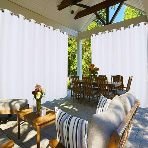 BESTORI Outdoor Vorhang mit Ösen Wasserdicht Voile Vorhänge Wetterfest Outdoorvorhänge Gardinen für Pavillon Terrasse Pergola Balkon Garten Weiß, 132 x 183cm, 2 Stücke