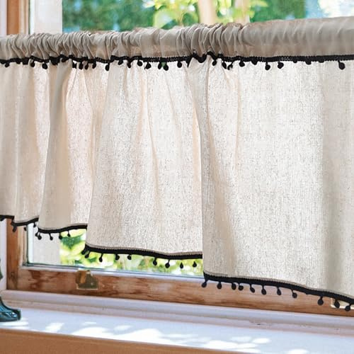Molaxhome Boho Leinen Scheibengardinen mit Spitze Kurzstores Valances für Fenster Küche Fenster Tier Vorhang für Bad Schlafzimmer Dekore Bauernhaus 695C
