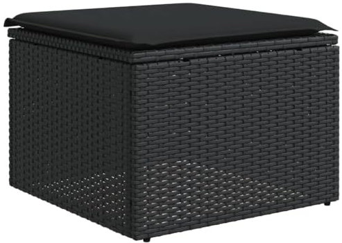 Makastle Gartenhocker, Poly Rattan Fußhocker mit Kissen, Fußauflage, Balkon Sitzhocker, Rattanhocker für Garten Terrasse, Schwarz 55x55x37 cm