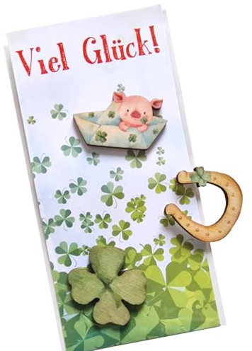 Glücksbringer Geschenk Karte: Mit Kleeblatt, Glücksschwein & Hufeisen aus Holz, Viel Glück für Silvester & Neujahr, Prüfungsglücksbringer Klein Abitur, Führerscheinprüfung & Studium, 7,5 x 16 cm