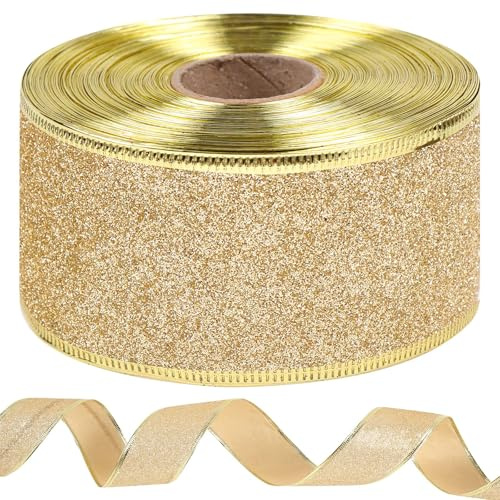 1 Rolle Golden Geschenkband Weihnachten, 25 Yard/22M Glitter Weihnachtsbänder Schleifenband Satinband Dekorative Bastelband für DIY Geschenkverpackungen Weihnachtsbastel Weihnachtsbaum Dekor