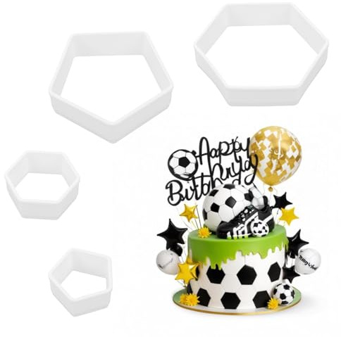 JIYIN 4 Stück Fußball Ausstechform, Sechseck Ausstechformen Set | Fußball Muster Keks Ausstecher Fußball Fondant Schneider für DIY Fussball Plätzchen,Dessert,Torten Dekorieren