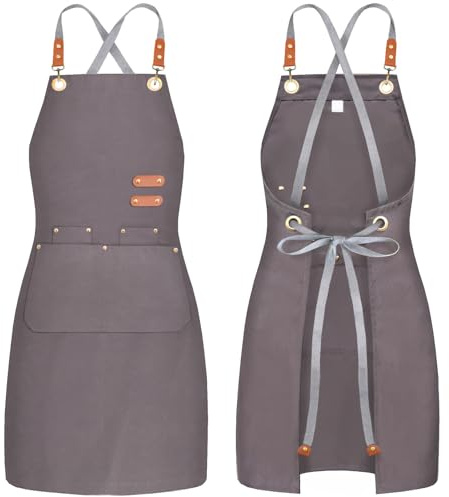 BeLuyi chef apron bib tool apron for man woman cross back straps with 4 pockets for kitchen cooking gardening baking working(grey)