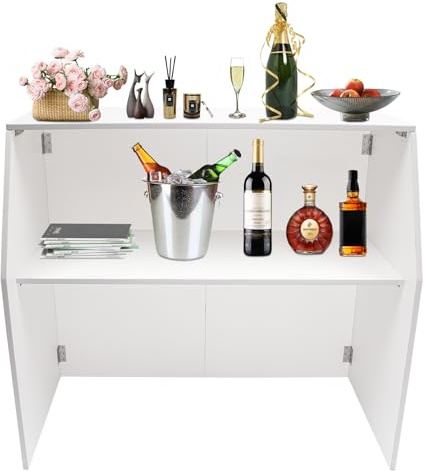 ACNAO Portable Event Bar, Foldable Bar with Top and Middle Shelves, Modern Freestanding Foldable Bar Cabinet for Parties, Picnics, Barbecues, Catering, Corporate Events, White