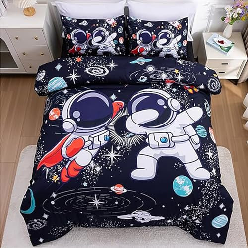 ZZTBQ Weltraum & Astronaut Kinderbettwäsche 135x200 Galaktischer Erdastronaut Bettwäsche 135x200 Astronaut und Rakete Muster Bettwäsche für Kinder mit Reißverschluss Mikrofaser Bettbezug 135x200 cm