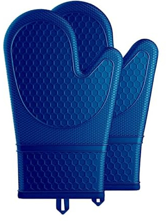 2 Stück Silikon Ofenhandschuhe, Ofenhandschuhe mit Rutschfest Wasserdicht, Ofenhandschuhe mit weichem Futter, zum Kochen, Backen, Küchenhandschuhe (Blau)