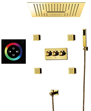 KFTLDYZL Shower System LED RGB Concealed Shower Faucet Set Bluetooth Music Shower Combo Set with Handheld Sprayer and 16'' Rain Shower Head,Tub Spout,Body Jets (Titan Guld A)
