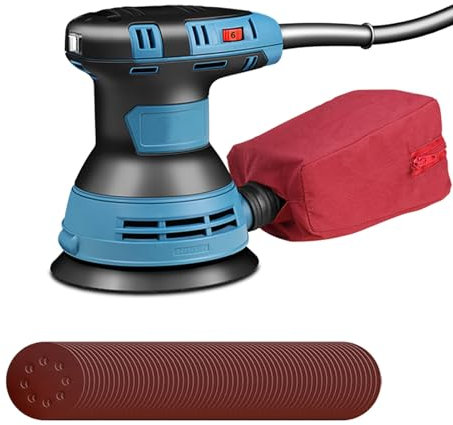 Lijadora orbital 125mm,350W 12000 OPM Lijadora eléctrica de palma, 6 velocidades variables, con 150 piezas de papel de lija y bolsa de polvo desmontable, lijadora eléctrica for trabajar la madera
