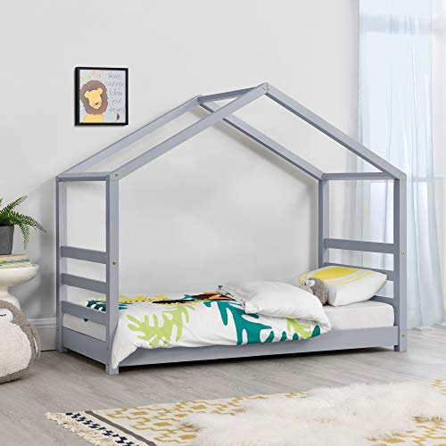 Kinderbett mit Lattenrost 70x140 cm grau Holz Hausbett für Jugendliche stabil und stilvoll