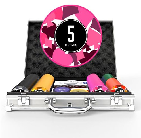 HEITOK Poker-Chips mit Nennwerten, 200 Stück, 11,5 g, gewichtet, nummeriert, 5 Würfel, 2 Decks mit kompaktem Aluminiumkoffer für Texas Hold'em, Blackjack