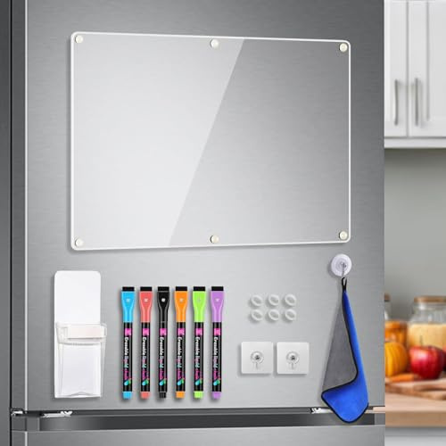 LISSCHANN Acrylic Magnetic Memo Board for Fridge, 16 x 12 Clear Blank Planning Board for Refrigerator, W/ 6 Markers, Pen Holder, Adhesive Wall Screws, Towel