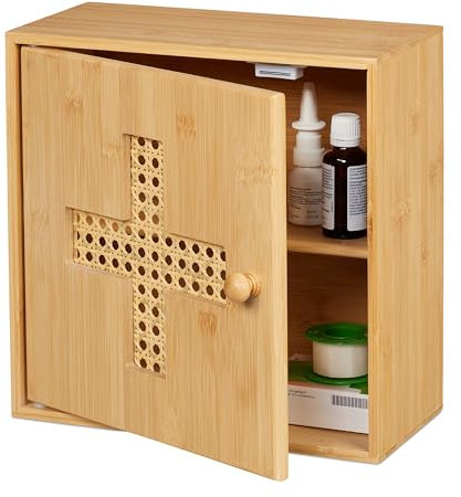 Relaxdays Medizinschrank, Bambus, Medikamentenschränkchen zum Hinstellen, HxBxT: 28 x 28 x 16 cm, Hausapotheke, Natur