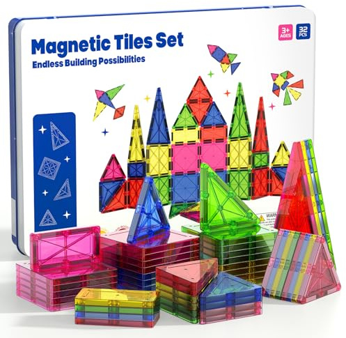 iburge Magnetische Bausteine Fliesen Set, 32 Stück Große Magnetbausteine (7,5 cm) mit Metallkasten, Pädagogisches Mint/STEM Lernspielzeug Geschenk für Kinder & Kleinkinder ab 3 Jahre