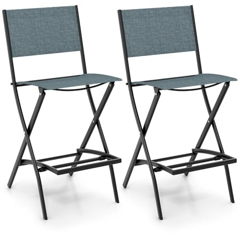 GOPLUS Gartenstuhl klappbar, 2er Set Balkonstuhl aus Metall bis 150kg belastbar, Barhocker Barstuhl mit Rückenlehne & Fußstütze, Klappstuhl Terassenstuhl Outdoor für Rasen Veranda (Blau)