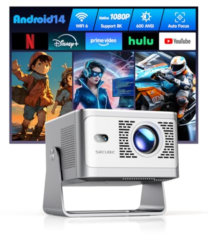 SIECUBIC Mini Proyector Portatil 4K Full HD 1080P, 600 Lúmenes ANSI, Android 14 WiFi 6 Bluetooth 5.4, Corrección de Distorsión y Enfoque Automático, Cine en Casa Interior y Exterior