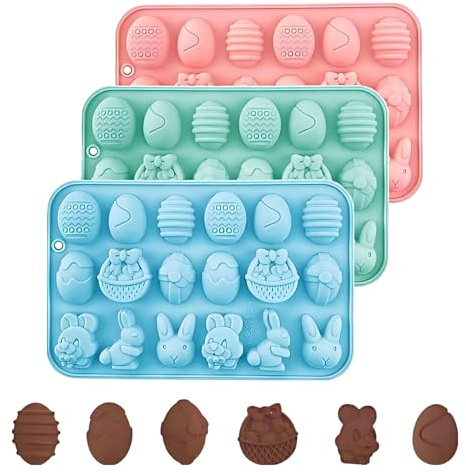 3 Stück Ostern Silikon Schokoladenformen Rosa, Grün und Blau, Ostereier Hase Silikonform, Silikonform Ostern, mit 18 Hohlräume Silikonformen, für Machen Schokolade, Kuchen, Kekse, Kerze