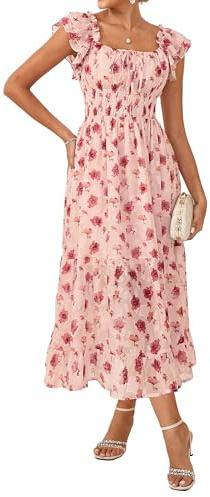 GRACE KARIN Women's Floral Summer Dress, Elegant Ruffle Sleeves Wedding Guest Dress, Elastic Waist A Line Midi Dresses XL Pink and Red
