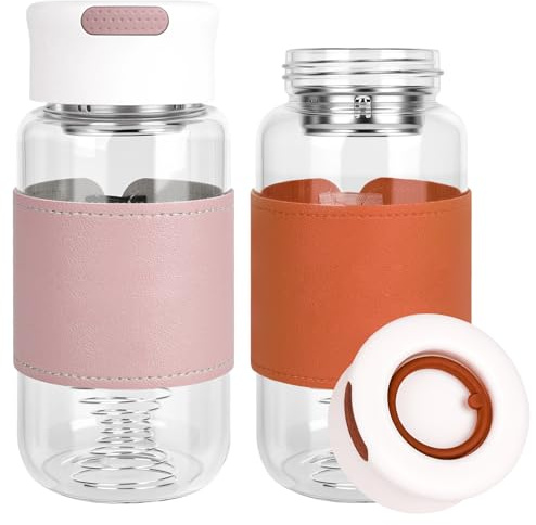 YYTECH 2 Stück Shaker Glas, Kleine Glas Shaker Flasche Shake Becher, Protein Shaker, 16.2oz BPA-freies geruchloses Shaker Glass mit Integriertem Sieb Und 304SS Mischball für Fitness (Pink + Orange)