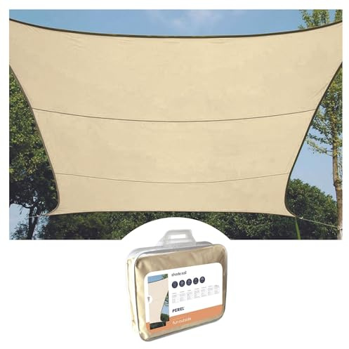 Perel Rechteckiges Sonnensegel 4 × 3 m für Garten und Terrasse, wasserabweisendes atmungsaktives Polyester 160 g/m², 90% UV-Schutz, Edelstahl-O-Ringe, Creme
