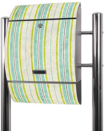 banjado® Standbriefkasten Edelstahl mit Zeitungsfach Motiv Vintage Streifenmuster/Briefkasten mit Standfuß/Edelstahl Briefkasten freistehend - A4 Einwurf inkl. 2 Schlüssel