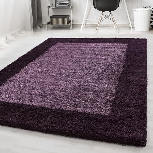Carpetsale24 Hochflor Teppich Shaggy mit Bordüre 120x170 cm Violett, 2-farbig, flauschig & weich, modernes Design, rechteckig, ideal für Wohnzimmer oder Schlafzimmer