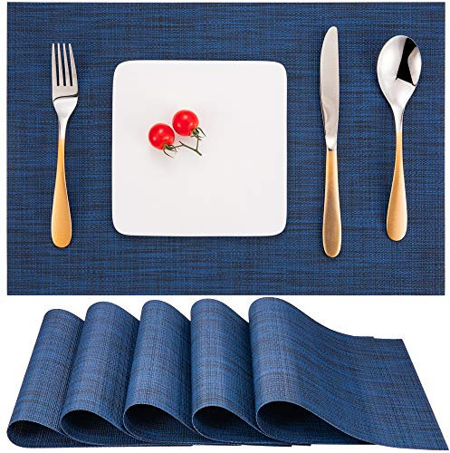Myir JUN Salvamanteles Individuales Juego de 6, Lavables Manteles Individuales Plásticos de Vinil de Esteras, Resistentes al Calor Antideslizante Fácil de Limpiar y Impermeable 30x43.5cm(Azul Oscuro)