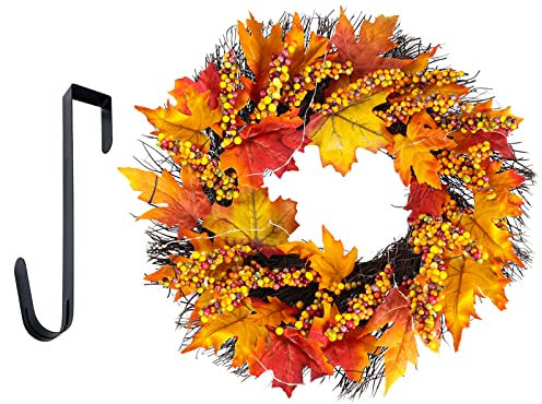 Warmiehomy 45cm Autumn Wreath Front Door with Hanger & LED Light, Fall Halloween Autumn Door wreaths Decorations for Harvest Thanksgiving Decor With Maple Leaves Berries