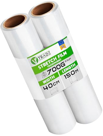 V1 Trade Plastfolie Transparent – 2x 150 m x 40 cm Rulles – Sträckfilm 23 mikron – Flyttfilm för Möbler – Emballagefilm för Packning