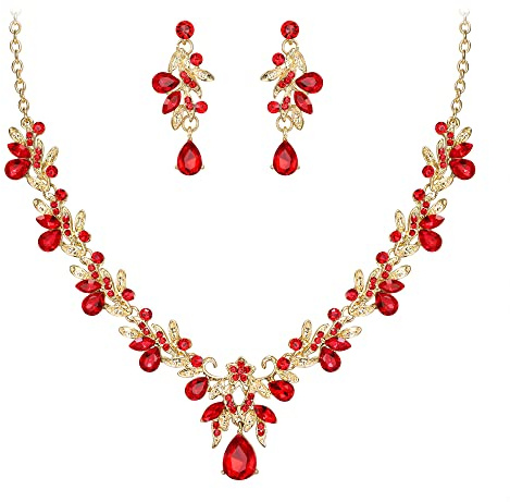 Clearine Parure Bijoux Femme Mariage pour Bal de Fin d'année Cristal Feuille Fleur Collier Boucles d'oreilles Rouge Ton d'or
