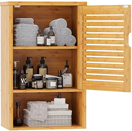 VIAGDO Bathroom Wall Cabinet, Wooden Medicine Cabinet with Single Door and Adjustable Inner Shelf, Bamboo Storage Cabinet Wall Mounted, Over The Toilet Hanging Cupboard, 15.7’’Lx7.8’’Wx23.6’’H