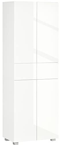 HOMCOM 4-Door Kitchen Cupboard, Tall Freestanding 5-Tier Storage Cabinet with 3 Adjustable Shelves, 2 Drawers for Living Room, Dining Room, Push to Open Design, High Gloss White