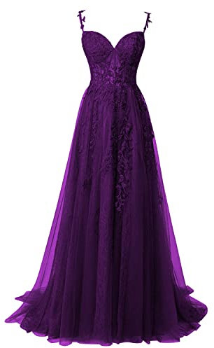 QSICO Robe de soirée élégante en tulle pour femme - Appliques en dentelle - Robe de bal longue fendue - Robe de remise de diplôme formelle, lilas, 42