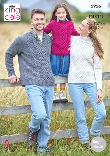 King Cole 5956 Knitting Pattern Family Raglan Sleeve Cable Sweaters in Wool Aran