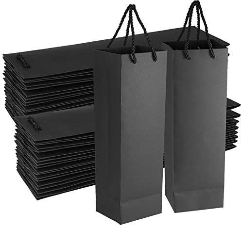 SINJEUN 40 Stück Weintragetaschen für eine Flasche, schwarze Papier-Weinbeutel mit Griffen, 250 g/m² dicke, wiederverwendbare Geschenkflaschen-Tragetaschen, Schwarz , Weinträger für eine Flasche